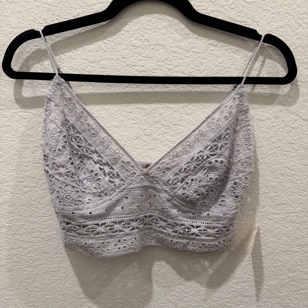 Free People FP One Intimately Eyelet Lace Crop Top Lavender Grey Smocked Back M